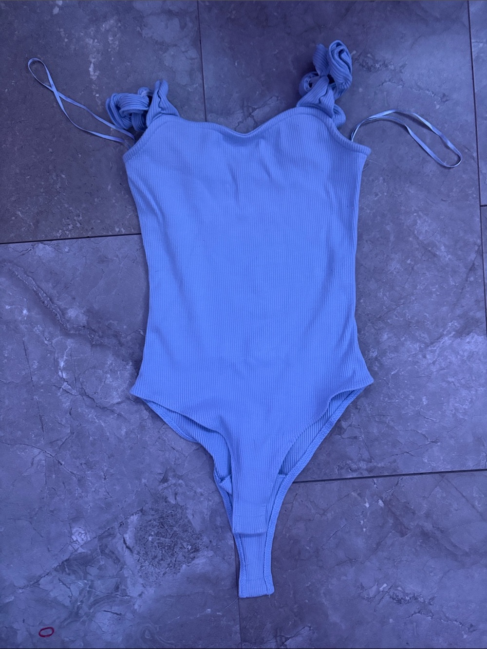 Ribbed Light Blue Women's Bodysuit with Ruffled Tie Straps